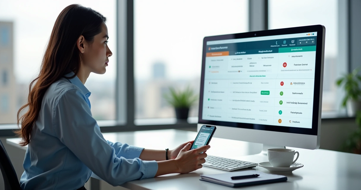 Empresária acompanhando o andamento do registro de marca no computador com tela exibindo linha do tempo de etapas do INPI
