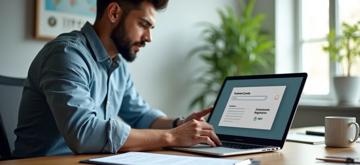 Empreendedor MEI revisando documentos de registro de marca em escritório moderno